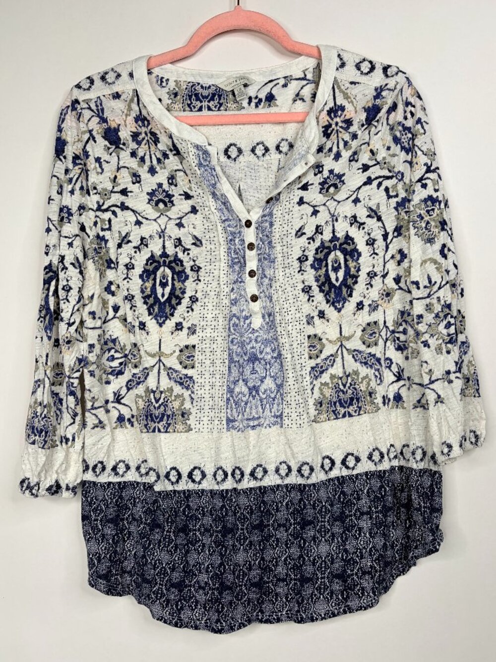 2/$30 Lucky Brand Mixed Media Floral Boho Popover Tunic 3/4 Sleeve Ecru #A4545 - Picture 3 of 8